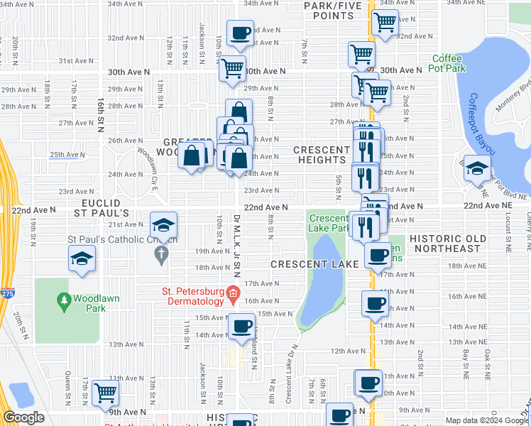map of restaurants, bars, coffee shops, grocery stores, and more near 846 22nd Avenue North in St. Petersburg