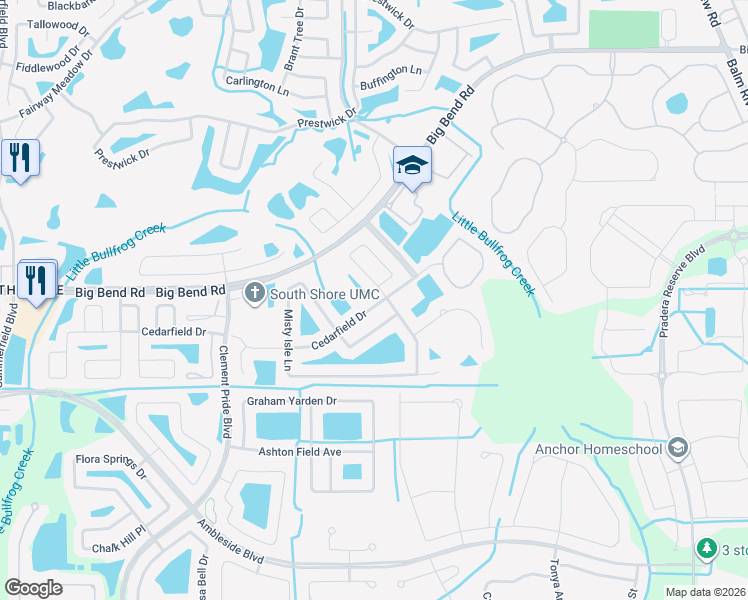 map of restaurants, bars, coffee shops, grocery stores, and more near 12424 Cedarfield Drive in Riverview
