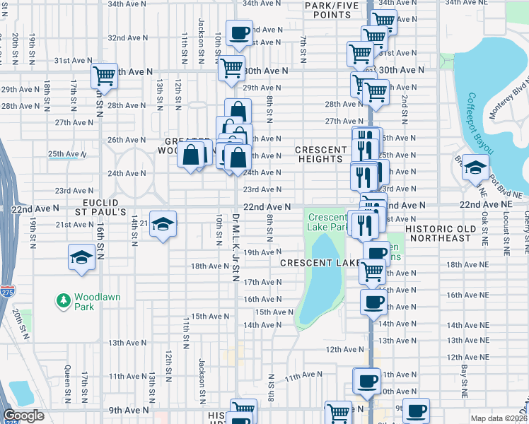 map of restaurants, bars, coffee shops, grocery stores, and more near 846 22nd Avenue North in St. Petersburg