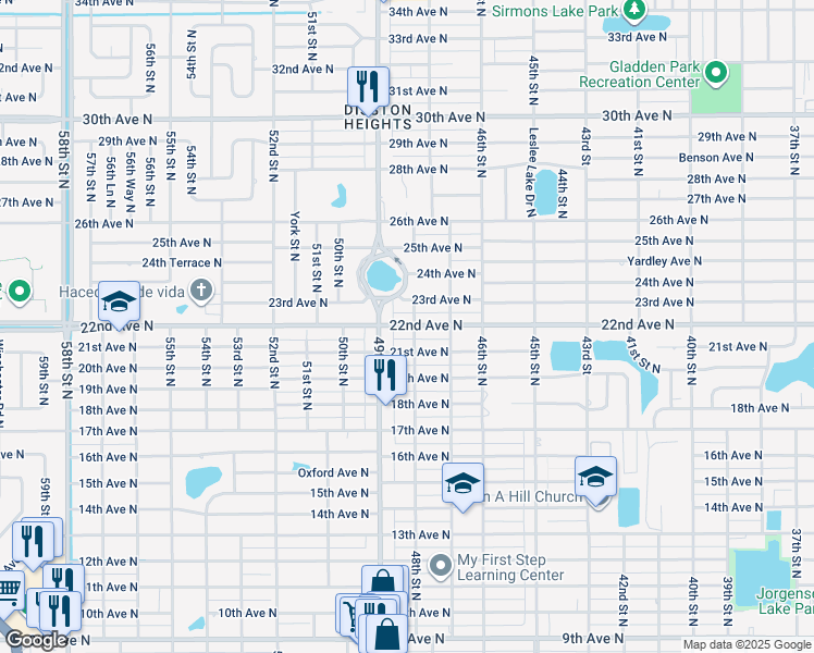 map of restaurants, bars, coffee shops, grocery stores, and more near 2201 49th Street North in St. Petersburg