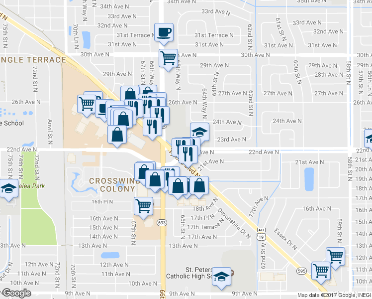 map of restaurants, bars, coffee shops, grocery stores, and more near 22nd Avenue North in Saint Petersburg