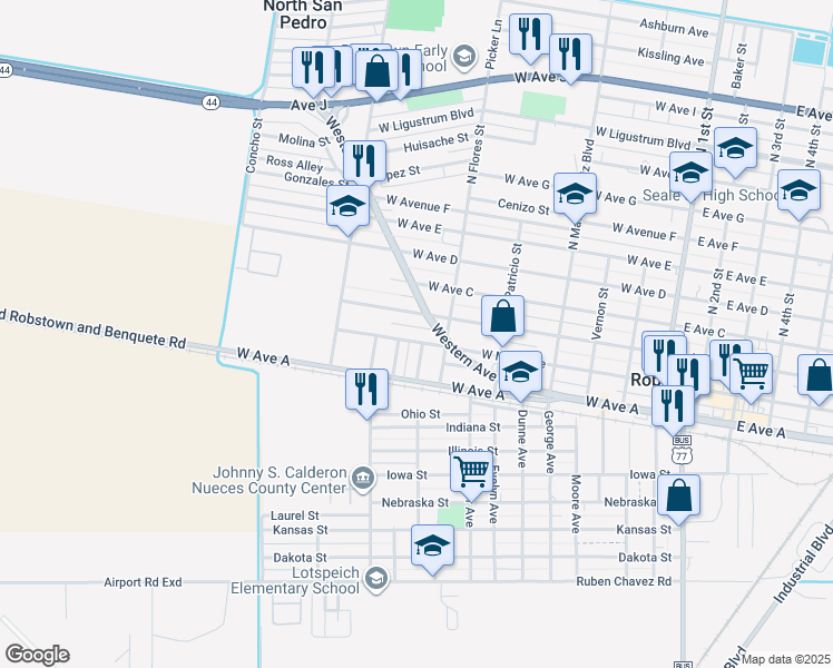 map of restaurants, bars, coffee shops, grocery stores, and more near 105 Western Avenue in Robstown