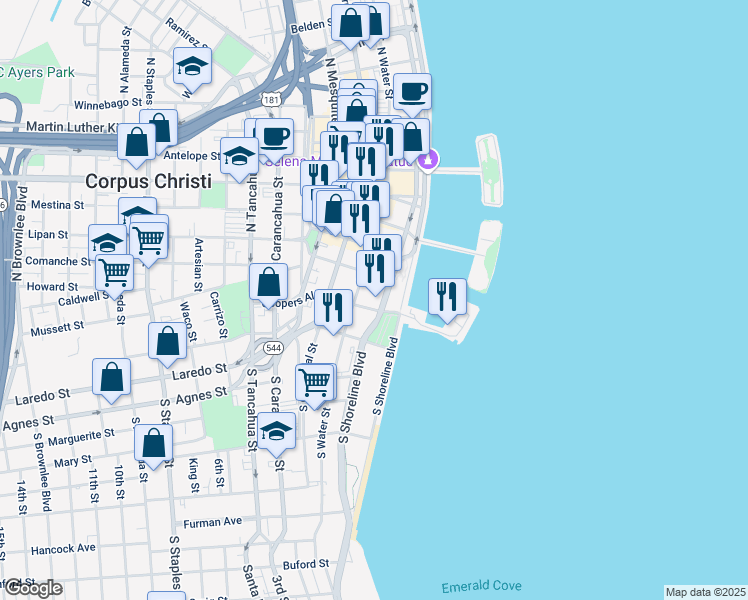 map of restaurants, bars, coffee shops, grocery stores, and more near 101 North Shoreline Boulevard in Corpus Christi