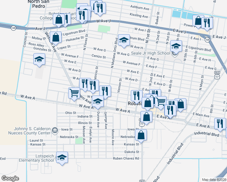 map of restaurants, bars, coffee shops, grocery stores, and more near 315 West Avenue B in Robstown