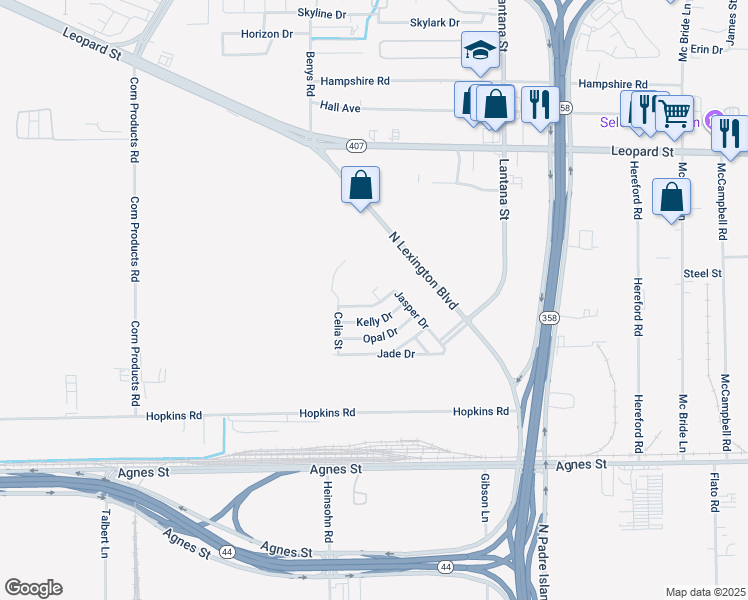 map of restaurants, bars, coffee shops, grocery stores, and more near 158 Jasper Drive in Corpus Christi