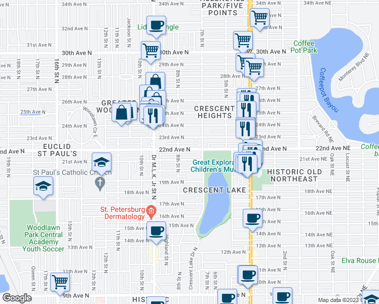 map of restaurants, bars, coffee shops, grocery stores, and more near 750 22nd Avenue North in St. Petersburg