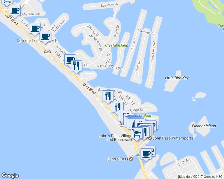 map of restaurants, bars, coffee shops, grocery stores, and more near 13405 Boca Ciega Avenue in Madeira Beach