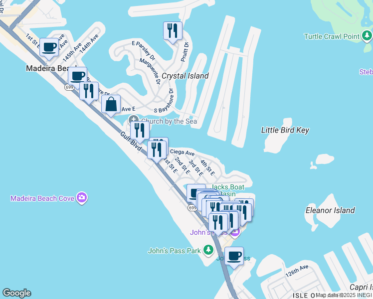 map of restaurants, bars, coffee shops, grocery stores, and more near 13345 Boca Ciega Avenue in Madeira Beach