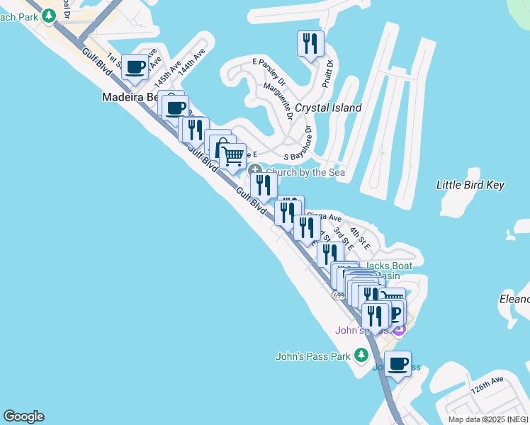 map of restaurants, bars, coffee shops, grocery stores, and more near 13605 Gulf Boulevard in Madeira Beach