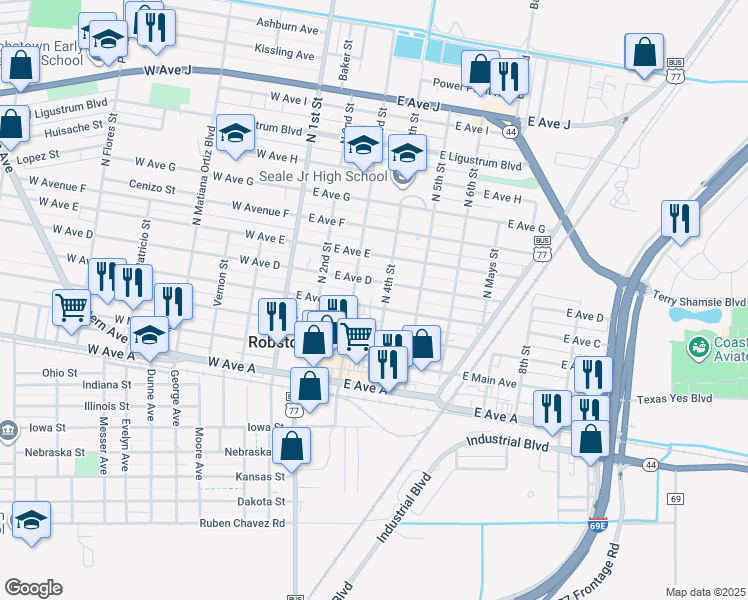 map of restaurants, bars, coffee shops, grocery stores, and more near 323 East Avenue C in Robstown