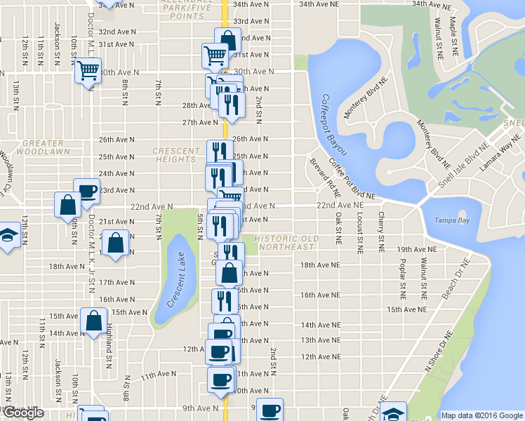 map of restaurants, bars, coffee shops, grocery stores, and more near 200 22nd Avenue North in St. Petersburg