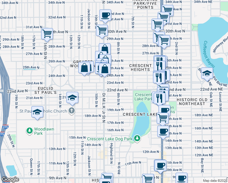 map of restaurants, bars, coffee shops, grocery stores, and more near 846 22nd Avenue North in St. Petersburg