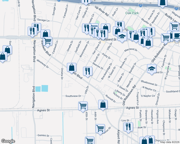 map of restaurants, bars, coffee shops, grocery stores, and more near 414 Scott Drive in Corpus Christi
