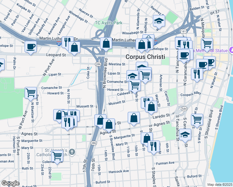map of restaurants, bars, coffee shops, grocery stores, and more near 1509 Howard Street in Corpus Christi