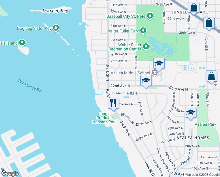 map of restaurants, bars, coffee shops, grocery stores, and more near 2121 Park Street North in St. Petersburg