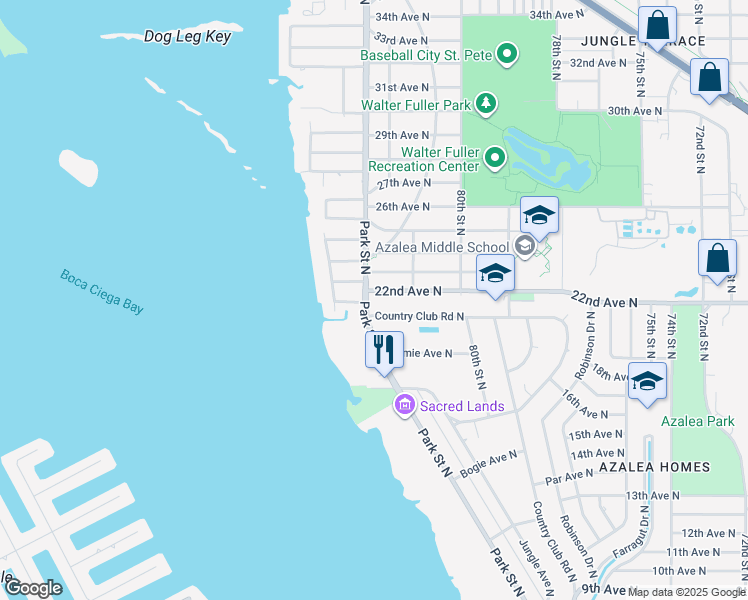 map of restaurants, bars, coffee shops, grocery stores, and more near 2121 Park Street North in St. Petersburg