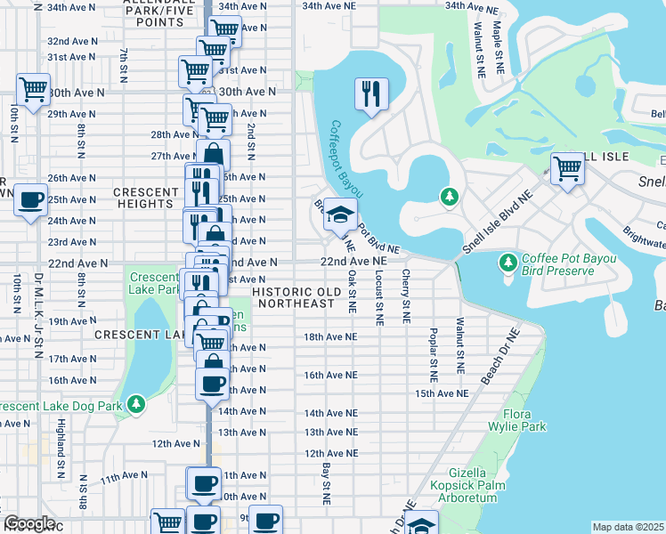 map of restaurants, bars, coffee shops, grocery stores, and more near 210 22nd Avenue Northeast in St. Petersburg