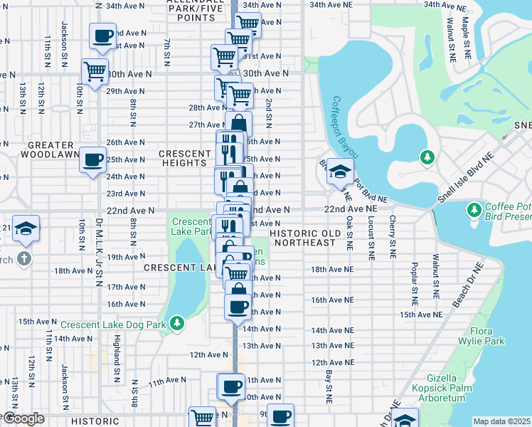 map of restaurants, bars, coffee shops, grocery stores, and more near 200 22nd Ave N in St Petersburg