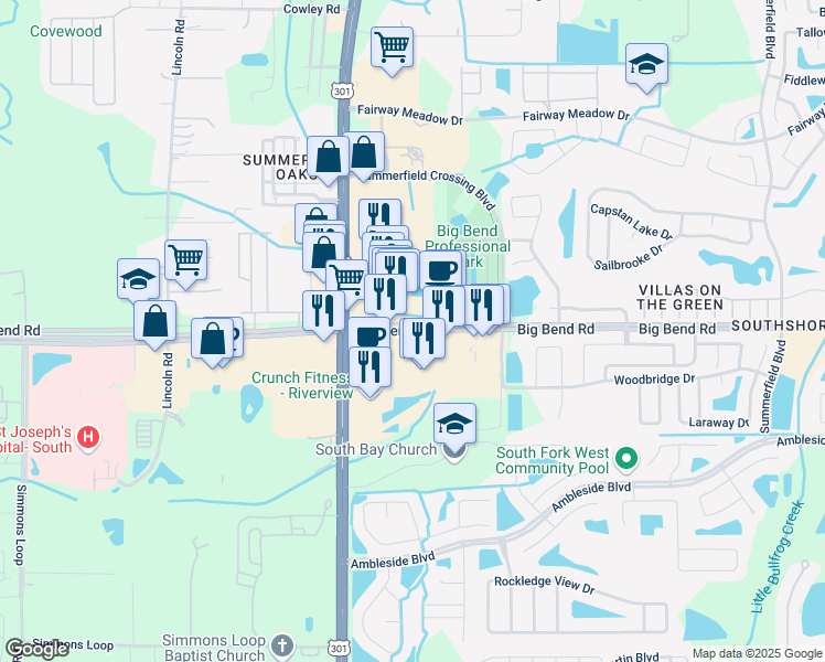 map of restaurants, bars, coffee shops, grocery stores, and more near 10665 Big Bend Road in Riverview