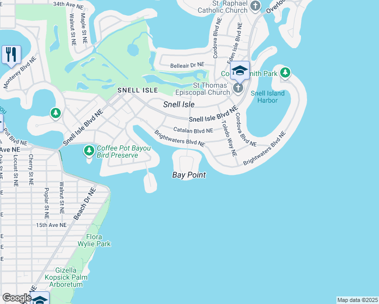 map of restaurants, bars, coffee shops, grocery stores, and more near 147 Bay Point Drive Northeast in St. Petersburg