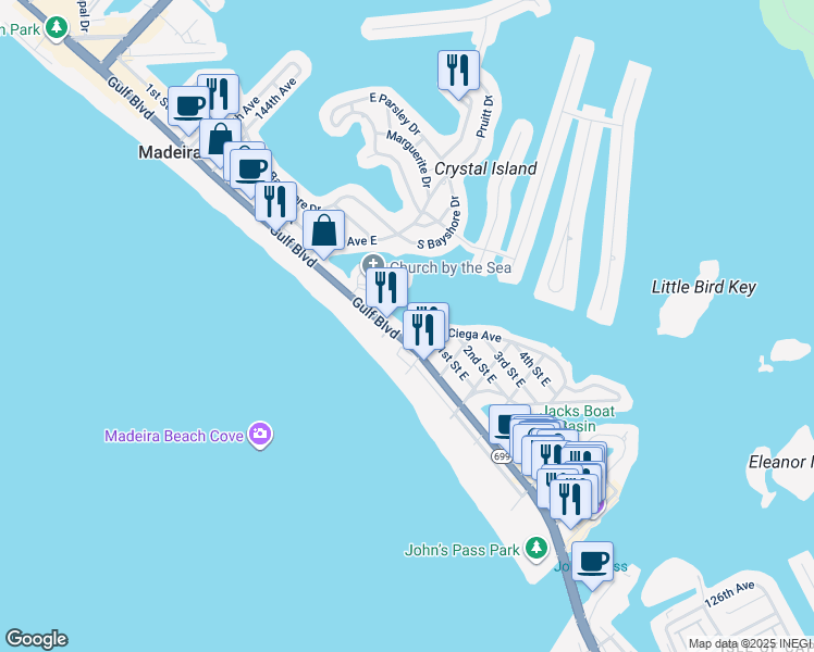 map of restaurants, bars, coffee shops, grocery stores, and more near 13605 Gulf Boulevard in Madeira Beach