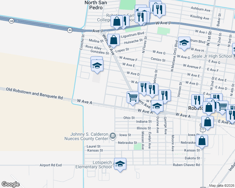 map of restaurants, bars, coffee shops, grocery stores, and more near 643 West Main Avenue in Robstown