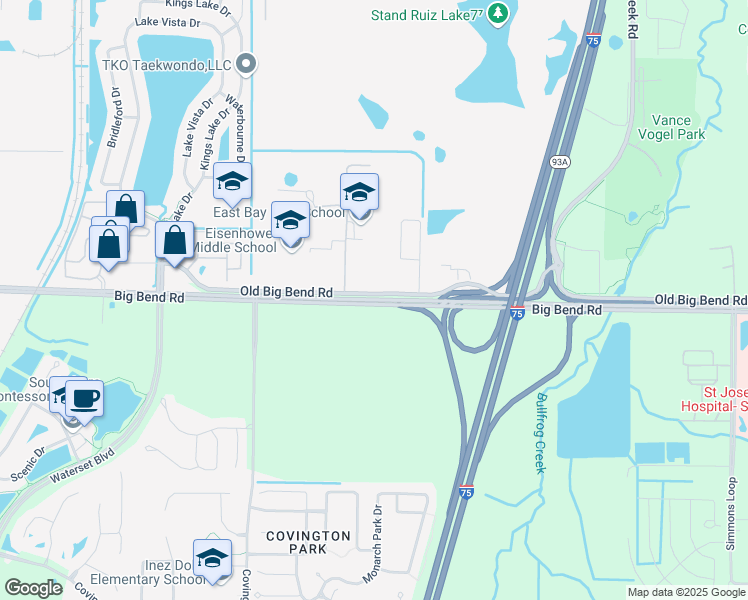 map of restaurants, bars, coffee shops, grocery stores, and more near 7710 Big Bend Road in Gibsonton