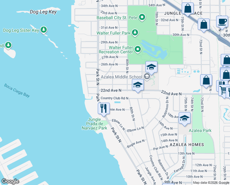 map of restaurants, bars, coffee shops, grocery stores, and more near 8100 22nd Avenue North in St. Petersburg