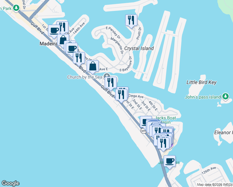 map of restaurants, bars, coffee shops, grocery stores, and more near 13605 Gulf Boulevard in Madeira Beach
