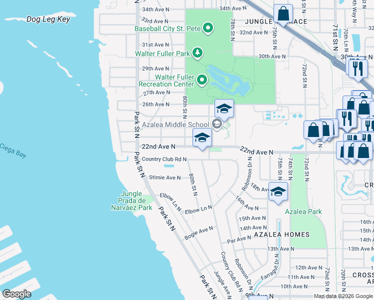 map of restaurants, bars, coffee shops, grocery stores, and more near 7990 22nd Avenue North in Saint Petersburg