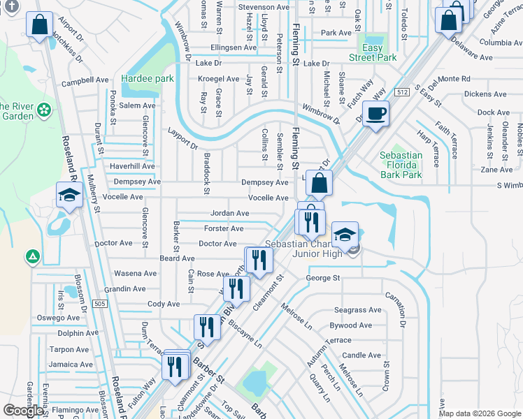 map of restaurants, bars, coffee shops, grocery stores, and more near 666 Jordan Avenue in Sebastian