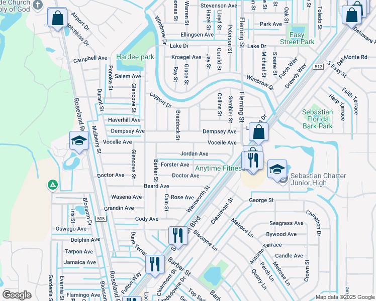 map of restaurants, bars, coffee shops, grocery stores, and more near 726 Jordan Avenue in Sebastian