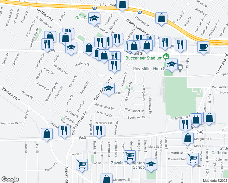 map of restaurants, bars, coffee shops, grocery stores, and more near 3532 Kenwood Drive in Corpus Christi