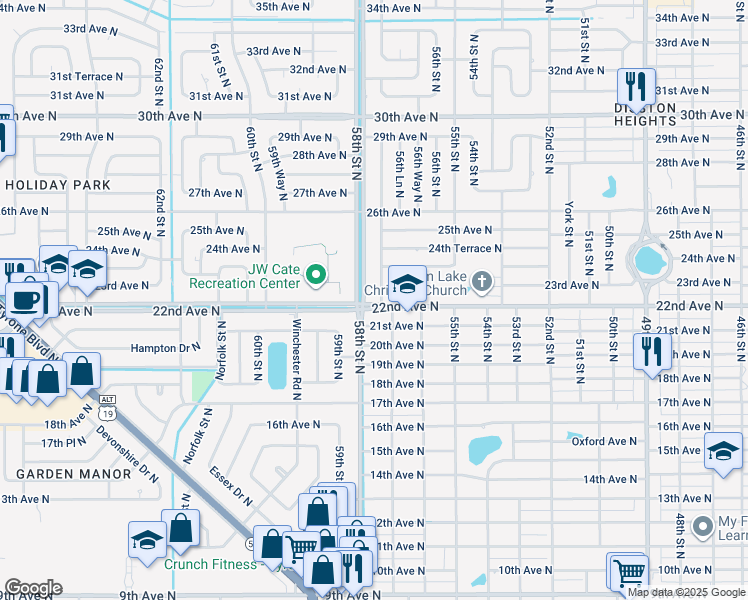 map of restaurants, bars, coffee shops, grocery stores, and more near 2200 57th Street North in St. Petersburg