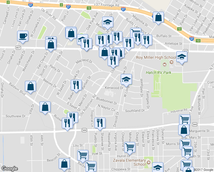 map of restaurants, bars, coffee shops, grocery stores, and more near 401 Fairmont Drive in Corpus Christi