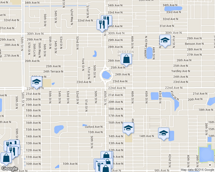 map of restaurants, bars, coffee shops, grocery stores, and more near 2201 49th Street North in St. Petersburg