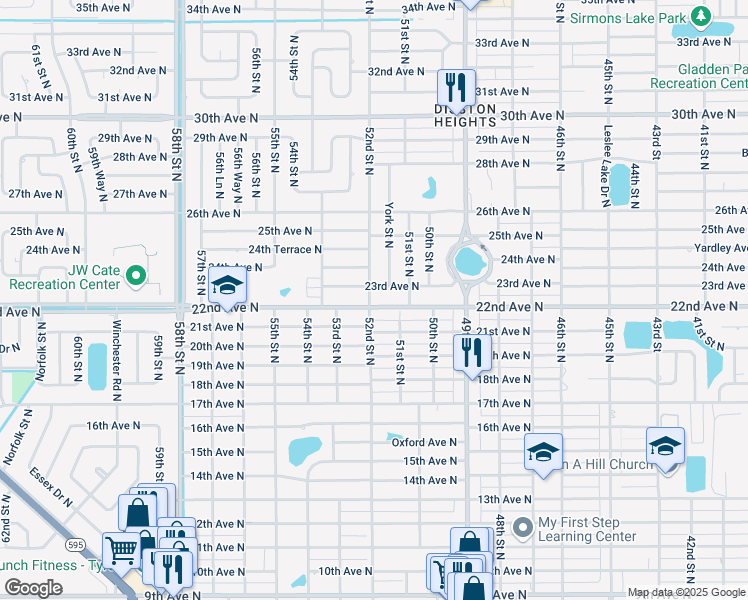 map of restaurants, bars, coffee shops, grocery stores, and more near 2203 52nd Street North in St. Petersburg