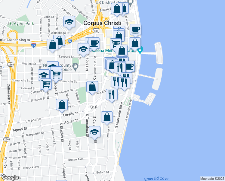 map of restaurants, bars, coffee shops, grocery stores, and more near 106 North Chaparral Street in Corpus Christi