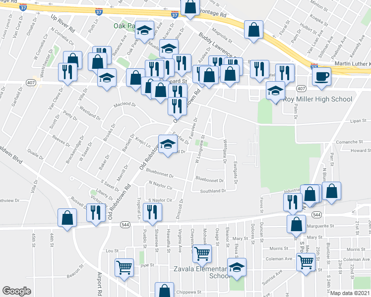 map of restaurants, bars, coffee shops, grocery stores, and more near 3520 Kenwood Drive in Corpus Christi