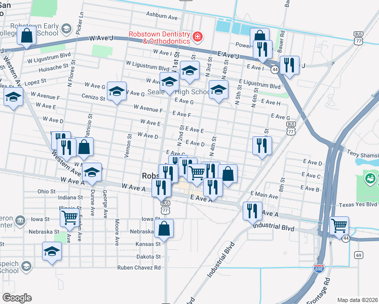 map of restaurants, bars, coffee shops, grocery stores, and more near 223 East Avenue C in Robstown