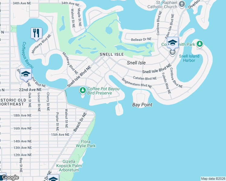 map of restaurants, bars, coffee shops, grocery stores, and more near 740 Brightwaters Boulevard Northeast in St. Petersburg
