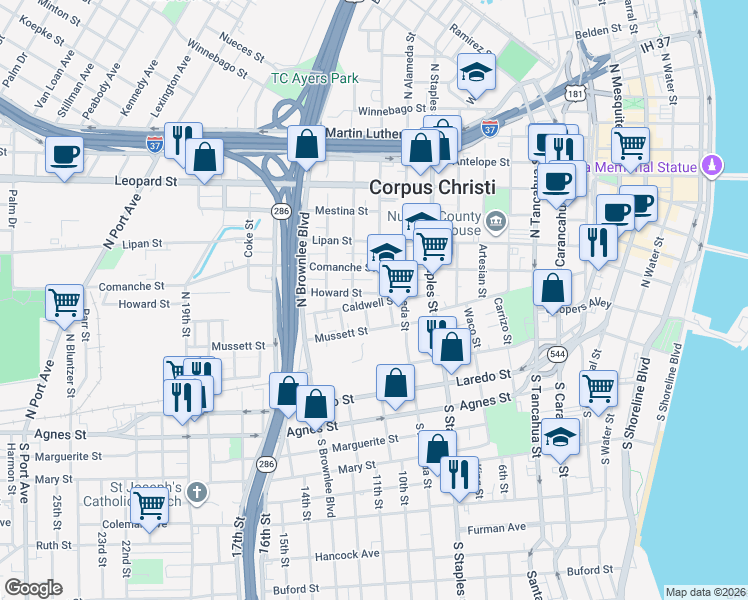 map of restaurants, bars, coffee shops, grocery stores, and more near 1413 Caldwell Street in Corpus Christi