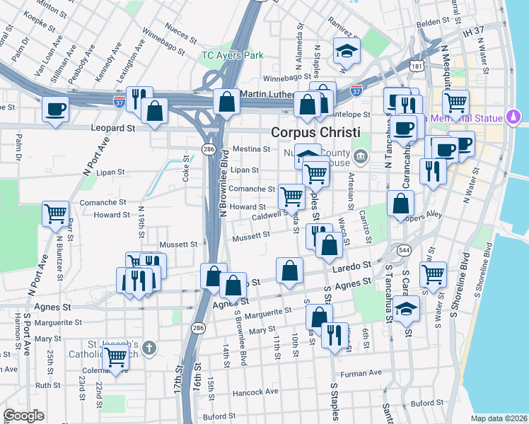 map of restaurants, bars, coffee shops, grocery stores, and more near 1413 Caldwell Street in Corpus Christi