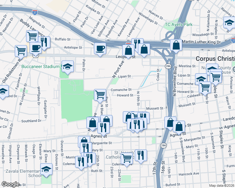 map of restaurants, bars, coffee shops, grocery stores, and more near 2326 Howard Street in Corpus Christi