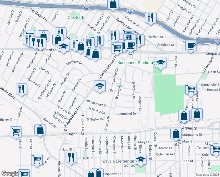 map of restaurants, bars, coffee shops, grocery stores, and more near 3528 Kenwood Drive in Corpus Christi