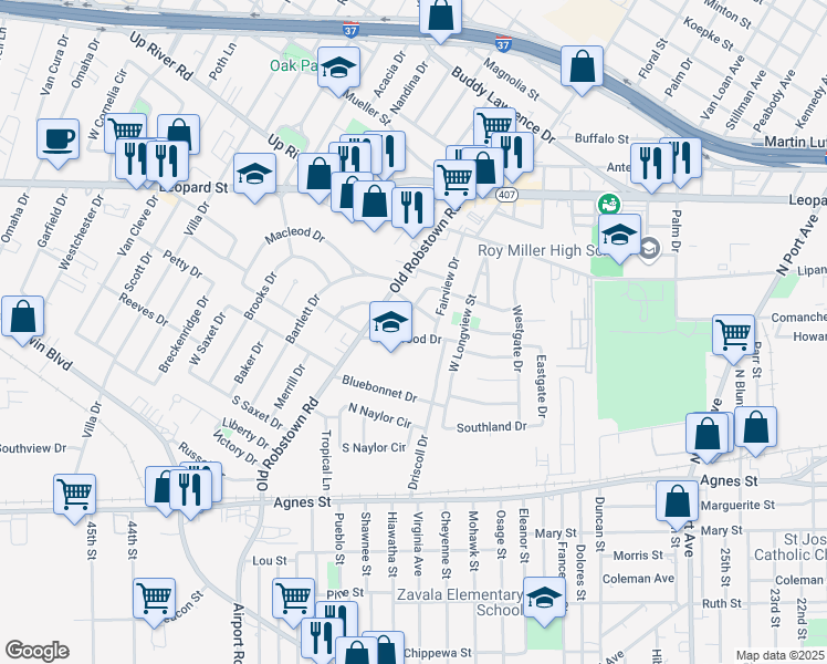 map of restaurants, bars, coffee shops, grocery stores, and more near 3528 Kenwood Drive in Corpus Christi