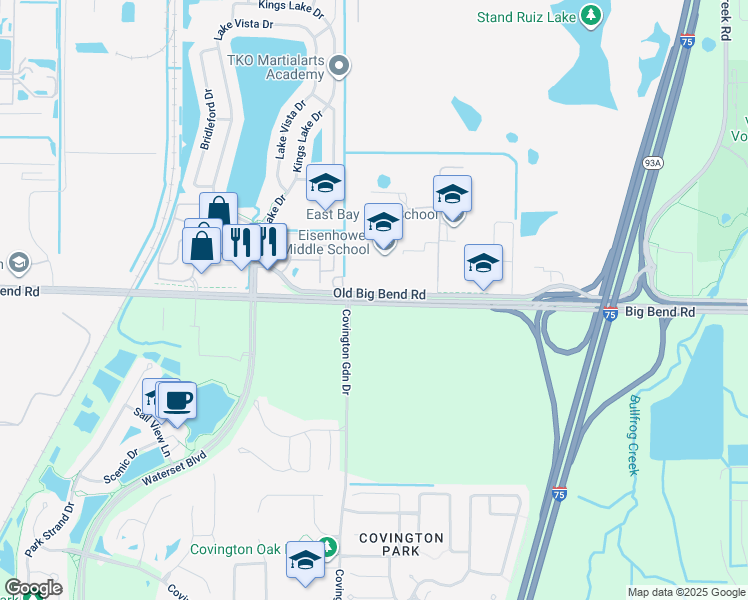 map of restaurants, bars, coffee shops, grocery stores, and more near 7710 Big Bend Road in Gibsonton