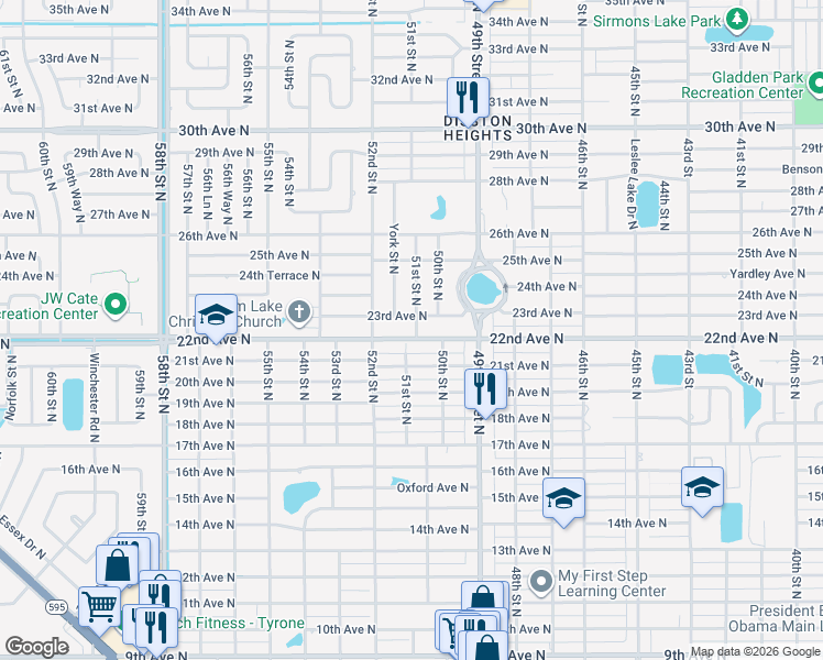 map of restaurants, bars, coffee shops, grocery stores, and more near 2200 51st Street North in St. Petersburg