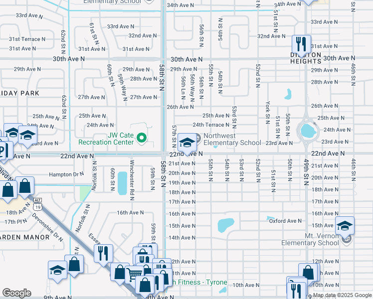 map of restaurants, bars, coffee shops, grocery stores, and more near 5601 22nd Avenue North in St. Petersburg