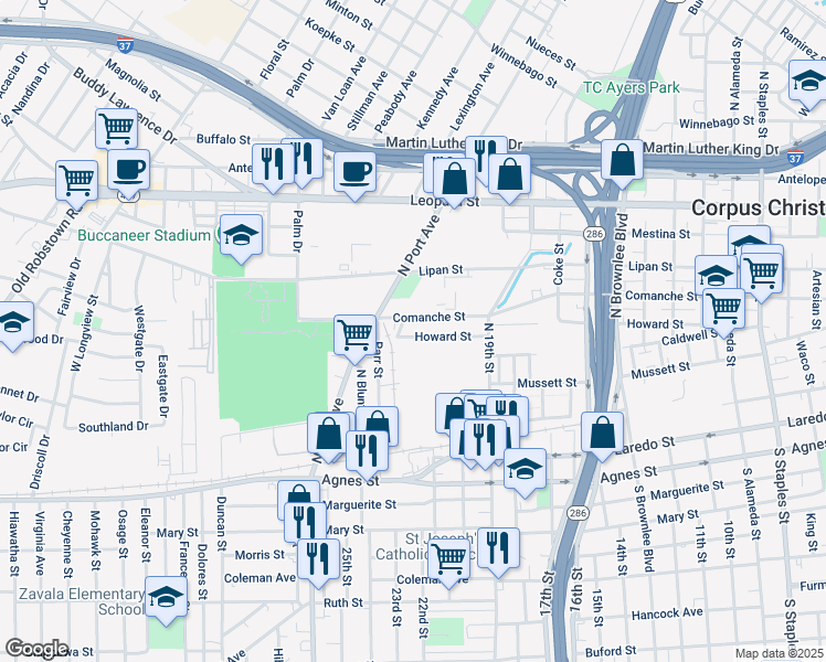 map of restaurants, bars, coffee shops, grocery stores, and more near 2326 Howard Street in Corpus Christi